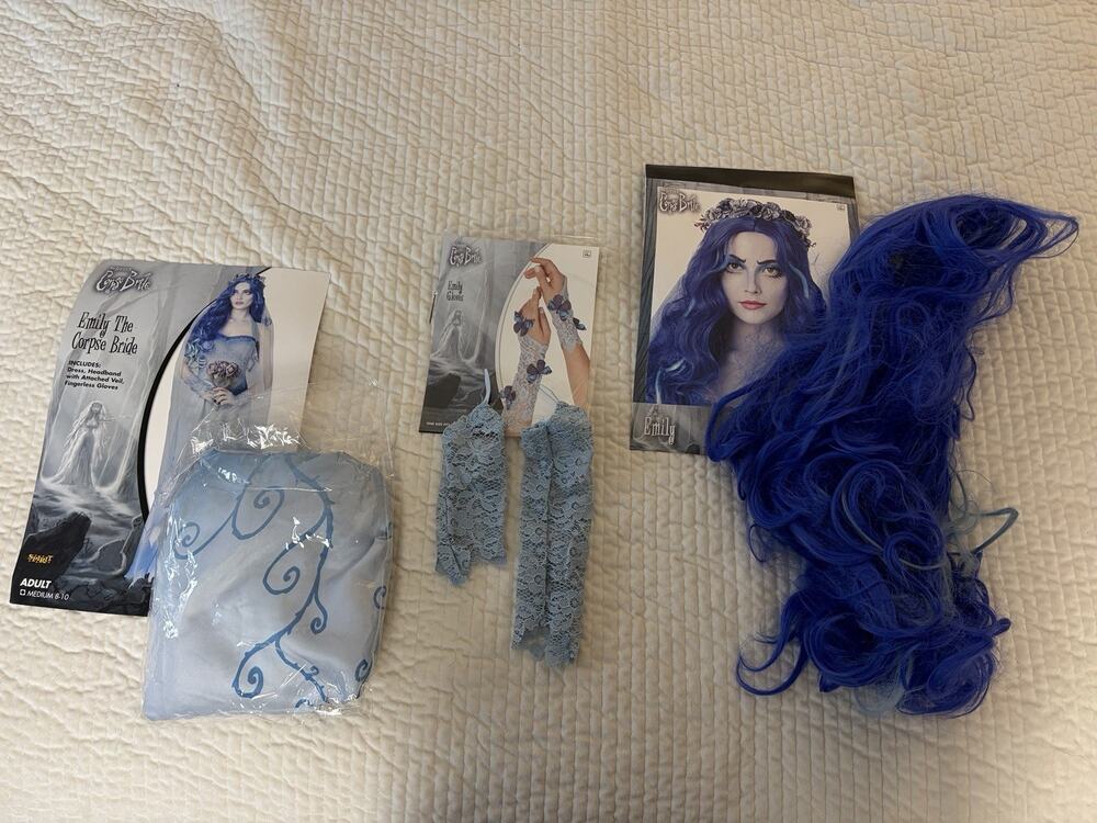 Corpse Bride Emily Costume Womens M 8-10 Dress Veil Gloves Blue Wig Halloween